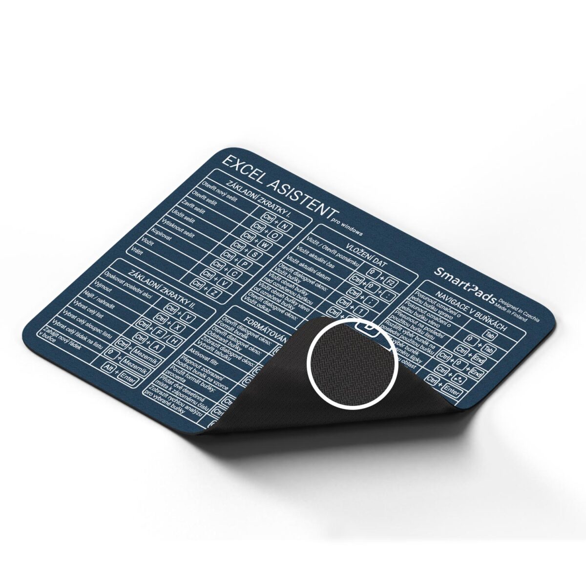 Modrá podložka pod myš se zkratkami pro Excel Podložka pod myš Excel – modrá, pohled zprava